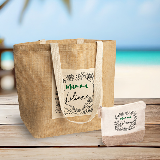 Mamma flowers - Set Combo Borsa mare e Pochette in Juta laminata - personalizzato con nome