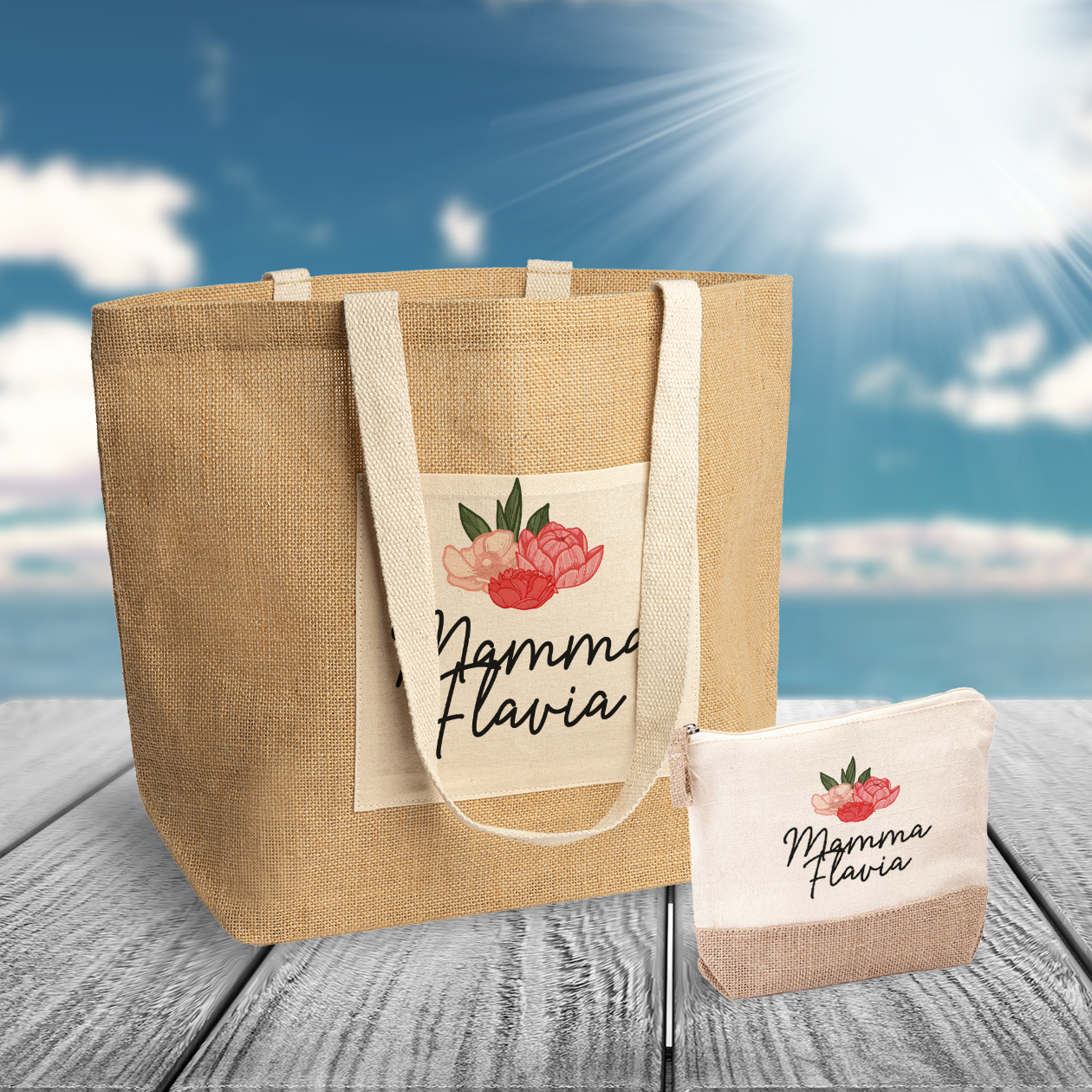 Mamma flowers colors - Set Combo Borsa mare e Pochette in Juta laminata - personalizzato con nome