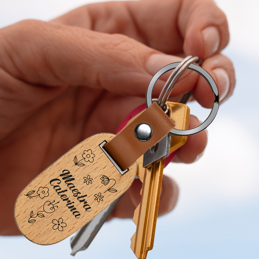 Maestra flowers - Portachiavi in Legno - personalizzato con nome
