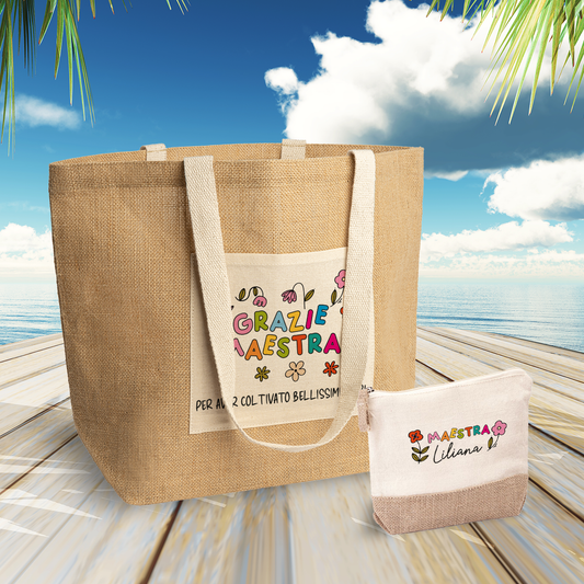 Grazie maestra per aver coltivato bellissimi fiori - Set Combo Borsa mare e Pochette in Juta laminata - personalizzata