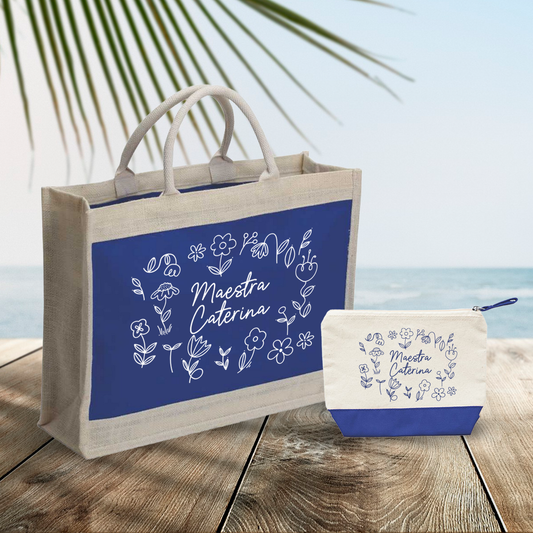 Maestra flower - Combo: Borsa mare + Pochette - personalizzata con nome