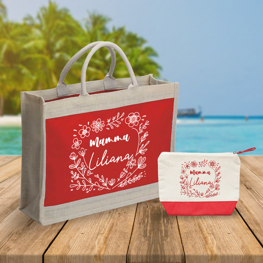 Mamma flower heart - Combo: Borsa mare + Pochette - personalizzata con nome