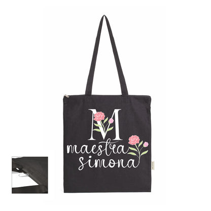 Maestra Flower - Shopper In Cotone con chiusura zip - personalizzata con nome