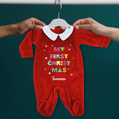 My First Christmas - Pagliaccetto Neonato in Ciniglia con Colletto Bianco - personalizzato con nome