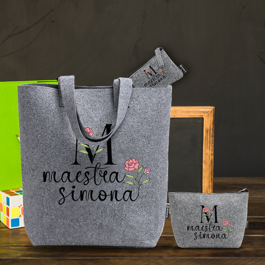 M - Maestra - Tris Borse in feltro con designe melange - personalizzato con nome