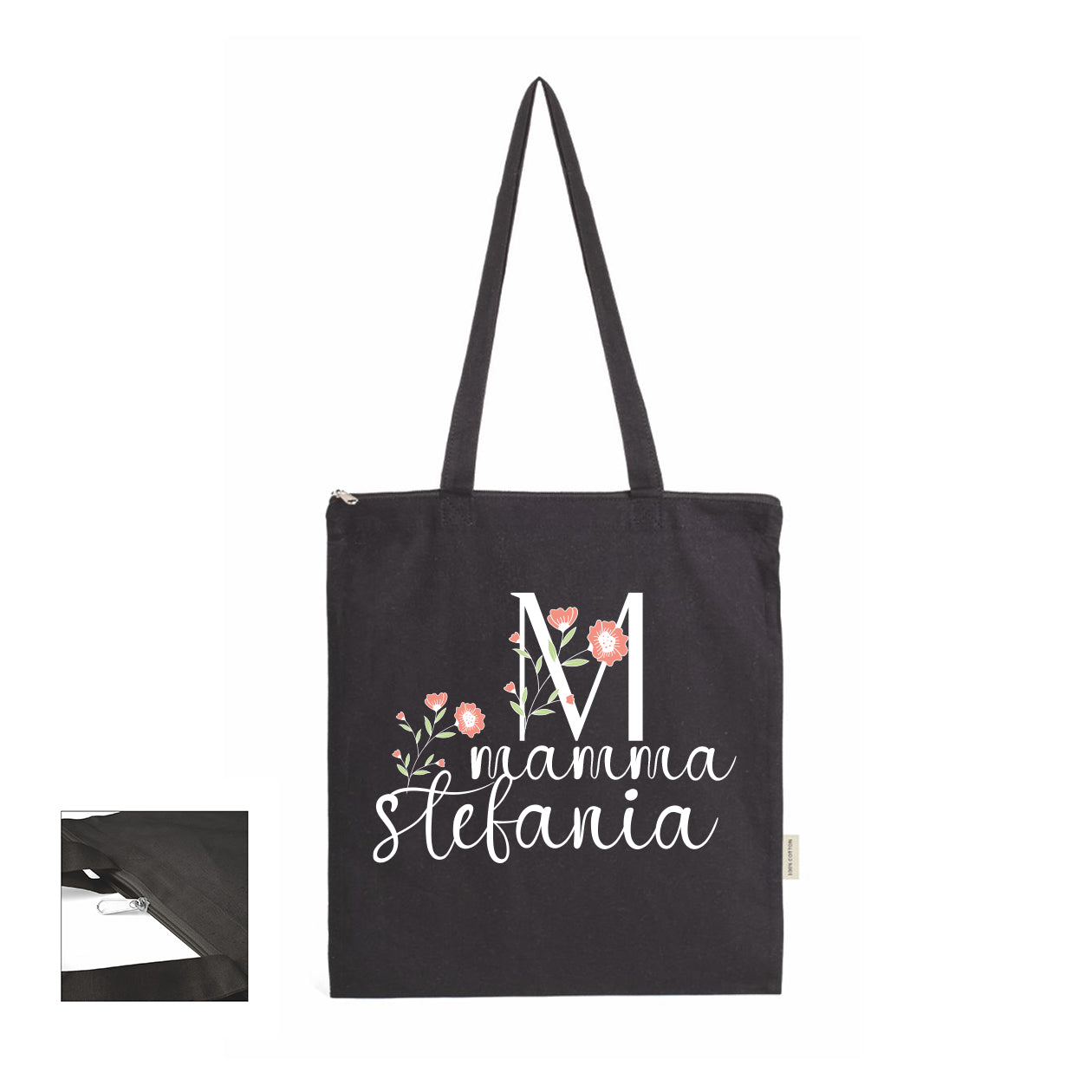 Name Mamma - Shopper In Cotone con chiusura zip - personalizzata con nome