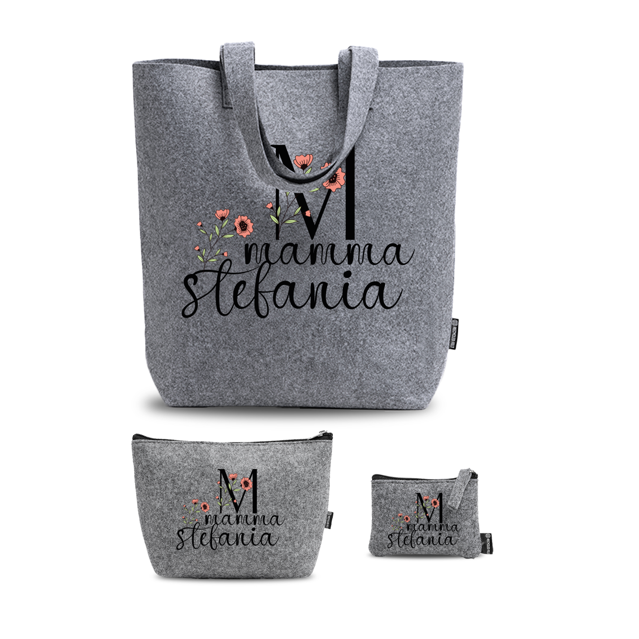 Mamma flower name - Tris Borse in feltro con designe melange - personalizzato con nome