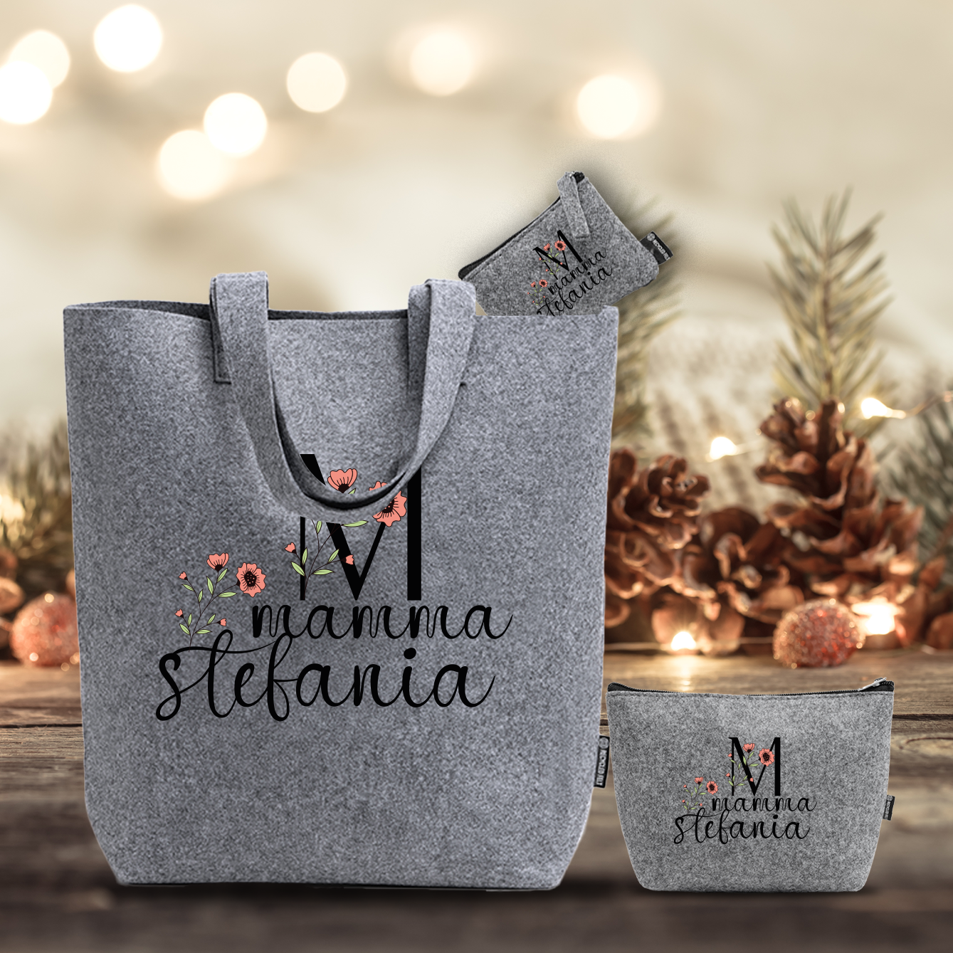 Mamma flower name - Tris Borse in feltro con designe melange - personalizzato con nome