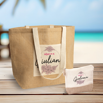Mamma elegant name - Set Combo Borsa mare e Pochette in Juta laminata - personalizzato con nome