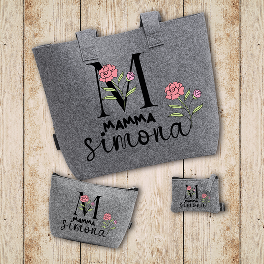 Mamma flower - Tris Borse in feltro con designe melange - personalizzato con nome