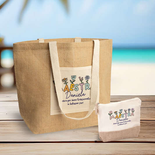 Bellissimi fiori - Set Combo Borsa mare e Pochette in Juta laminata - personalizzata con nome