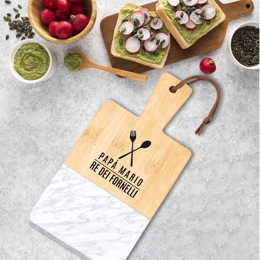 Papà re dei fornelli - Tagliere in marmo e bamboo naturale - personalizzato con nome
