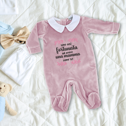 Sono così fortunato ad avere una mamma come te - Pagliaccetto Neonato in Ciniglia con Colletto Bianco