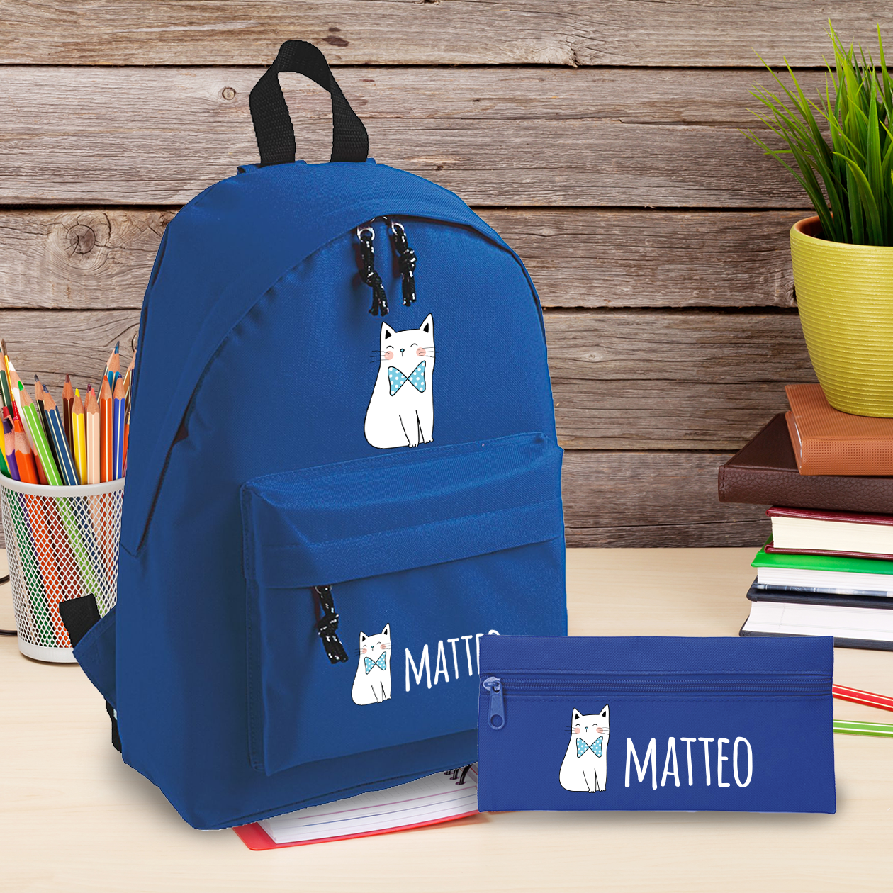 Blue Cat - Zaino + Portapenne - personalizzati con nome