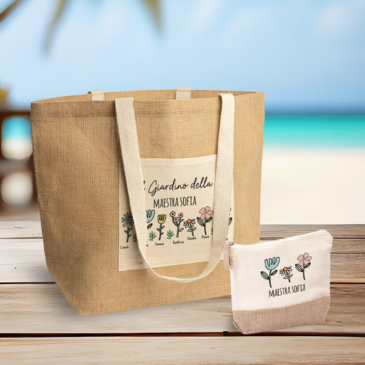 Giardino della maestra - Set Combo Borsa mare e Pochette in Juta laminata - personalizzata