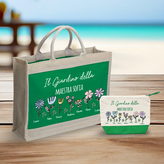 Il giardino della maestra - Combo: Borsa mare + Pochette - personalizzata con nome