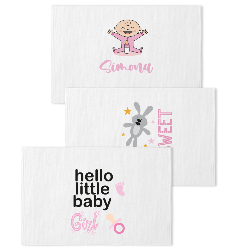 Baby Pink Girl - Set 3 pezzi mussole personalizzate con nome
