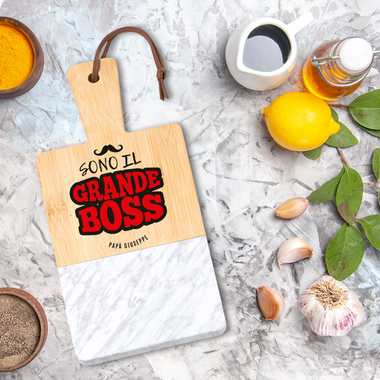 Papà il grande boss - Tagliere in marmo e bamboo naturale - personalizzato con nome