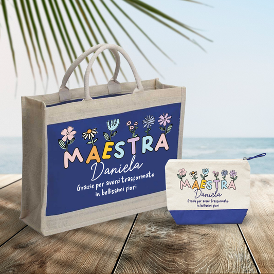 Grazie per averci trasformato in bellissimi fiori - Combo: Borsa mare + Pochette - personalizzata con nome
