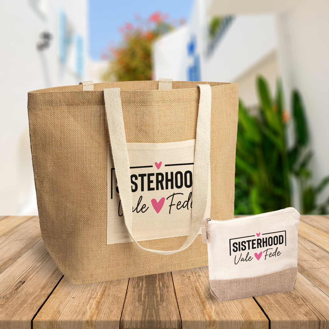 Sisterhood - Set Combo Borsa mare e Pochette in Juta laminata - personalizzato con nomi