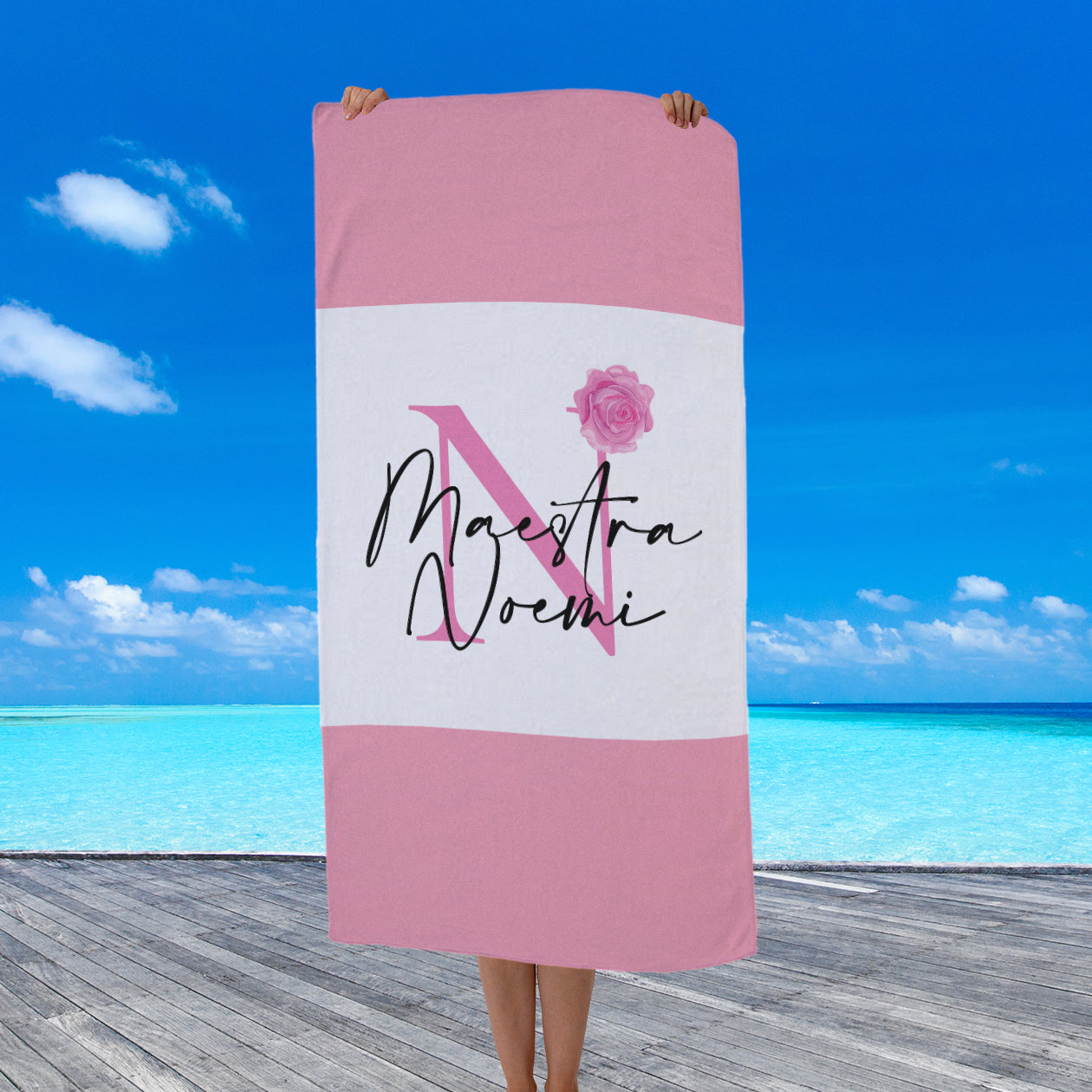 Maestra iniziale pink flower - Telo Mare - personalizzato con nome