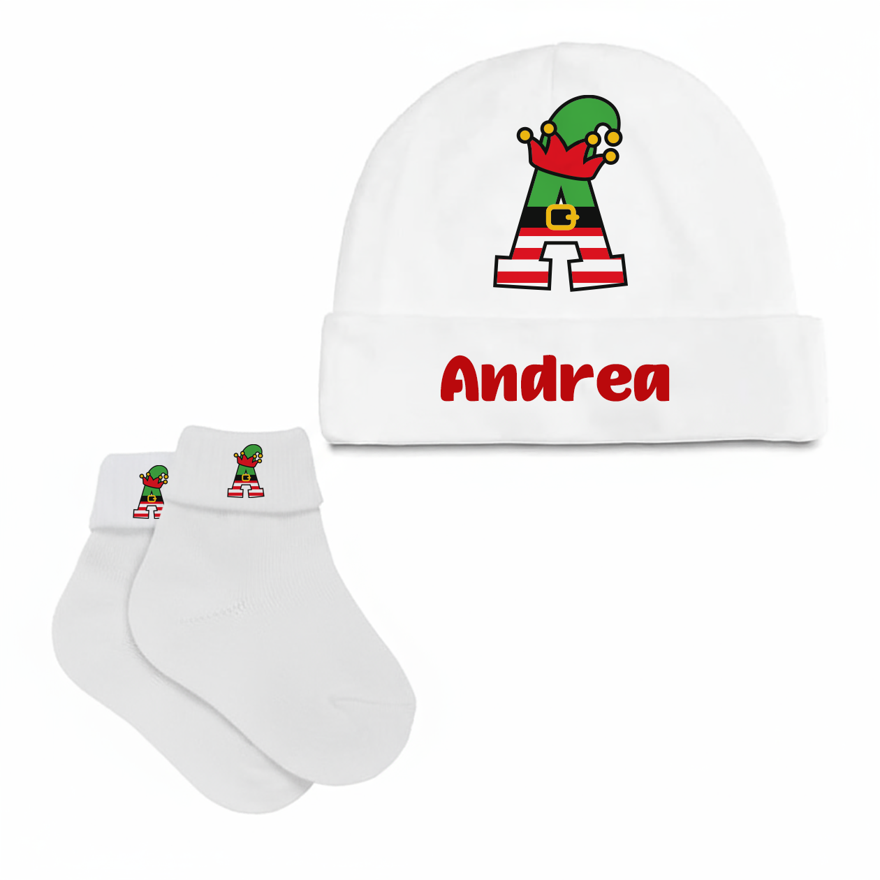 Letter Elfo - Set Nascita Cappellino + Calzini - personalizzato con nome e iniziale