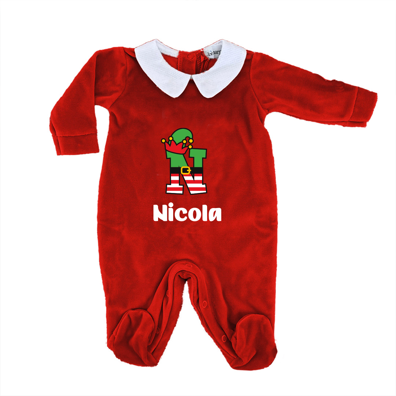Elfo letter - Pagliaccetto Neonato in Ciniglia con Colletto Bianco - personalizzato con nome