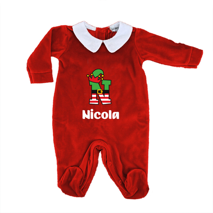 Elfo letter - Pagliaccetto Neonato in Ciniglia con Colletto Bianco - personalizzato con nome
