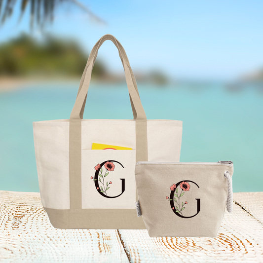Iniziale flower - Borsa mare & Pochette - Combo - personalizzata con iniziale