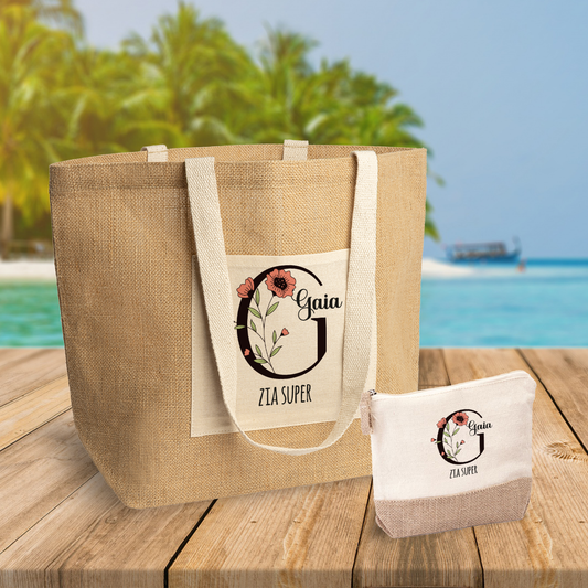 Zia super - Set Combo Borsa mare e Pochette in Juta laminata - personalizzato con nome e iniziale