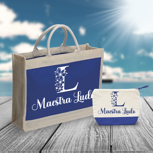 Maestra Flower elegant name - Combo: Borsa mare + Pochette - personalizzata con nome e iniziale