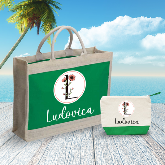 Letter circle name - Combo: Borsa mare + Pochette - personalizzata con iniziale e nome