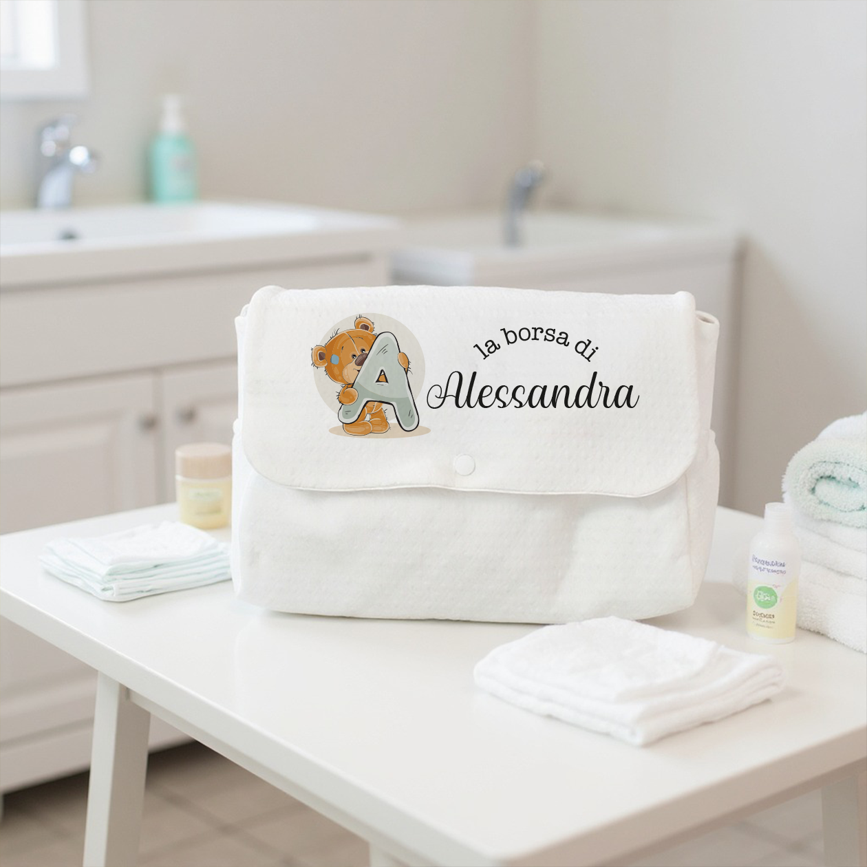 Baby bear letter - Borsa Fasciatoio per Neonato personalizzata con nome e iniziale