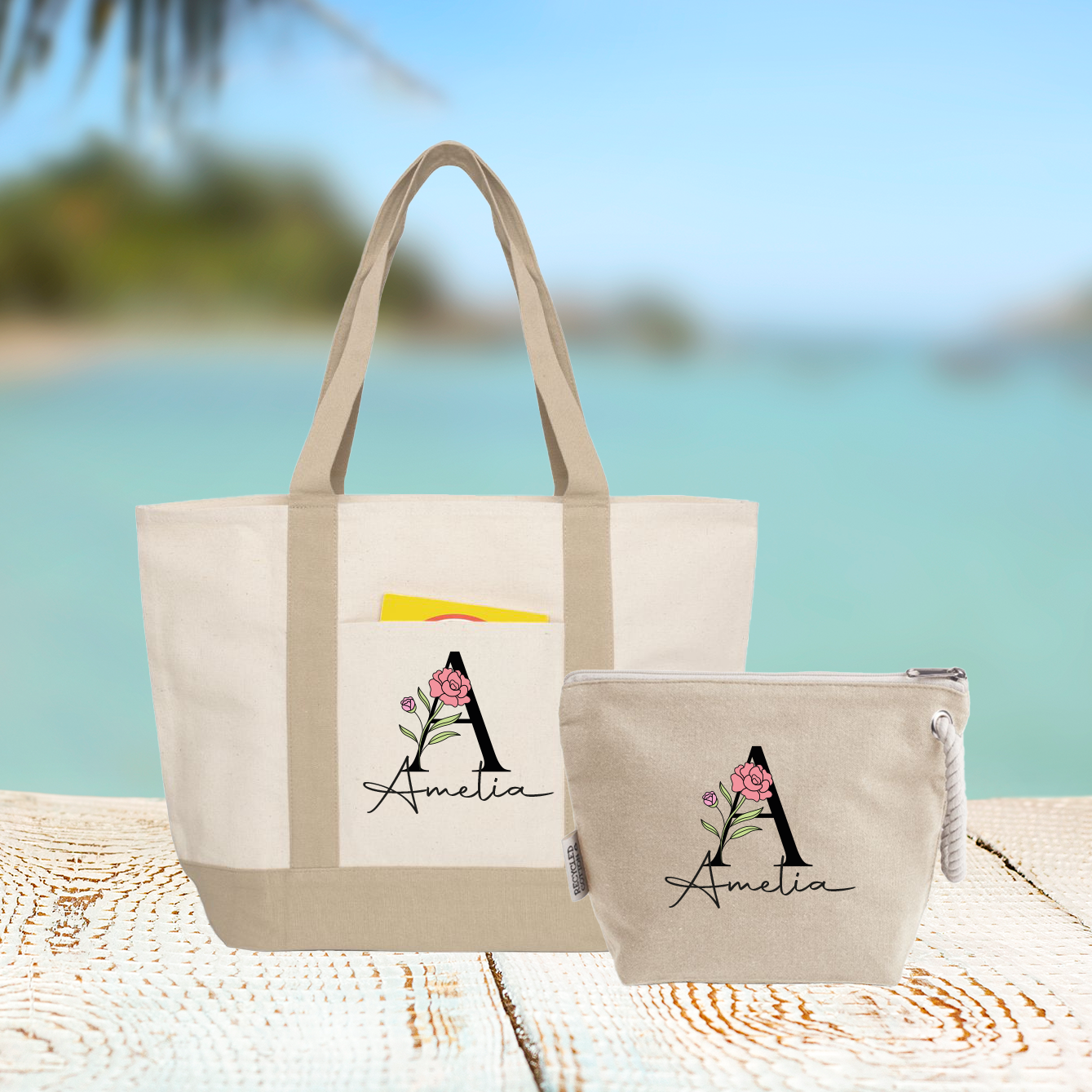 Iniziali e nome flower - Borsa mare & Pochette - Combo - personalizzata con iniziali e nome
