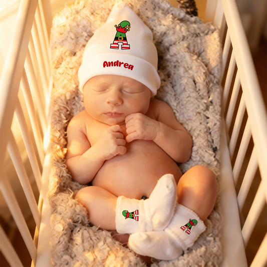 Letter Elfo - Set Nascita Cappellino + Calzini - personalizzato con nome e iniziale