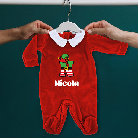 Elfo letter - Pagliaccetto Neonato in Ciniglia con Colletto Bianco - personalizzato con nome