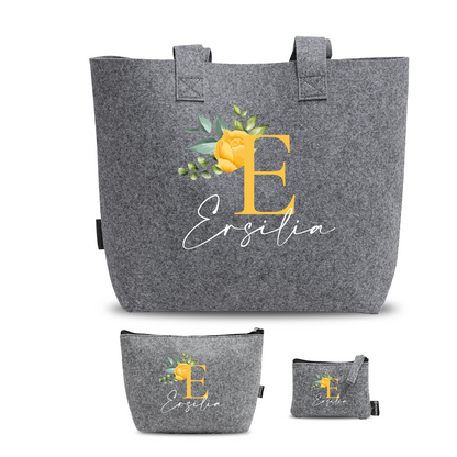 Name Flower Yellow - Tris Borse in feltro con designe melange - personalizzato con nome e iniziale