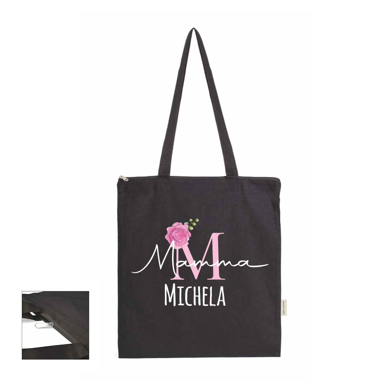 Rose Name - Shopper In Cotone con chiusura zip - personalizzata con nome