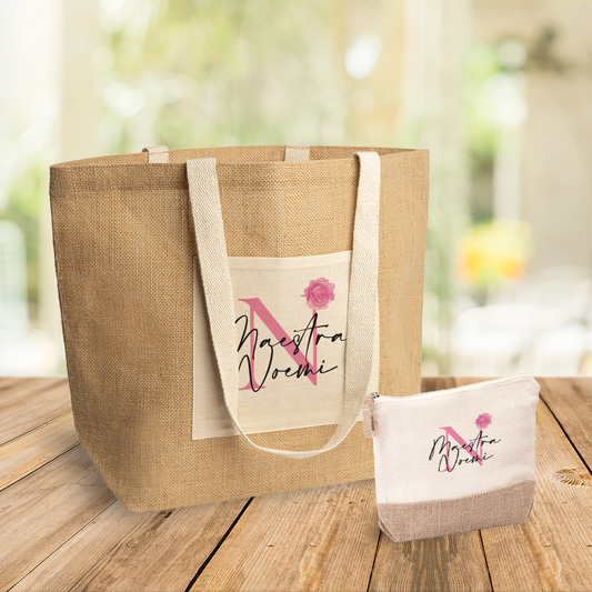 Maestra rose - Set Combo Borsa mare e Pochette in Juta laminata - personalizzata con nome