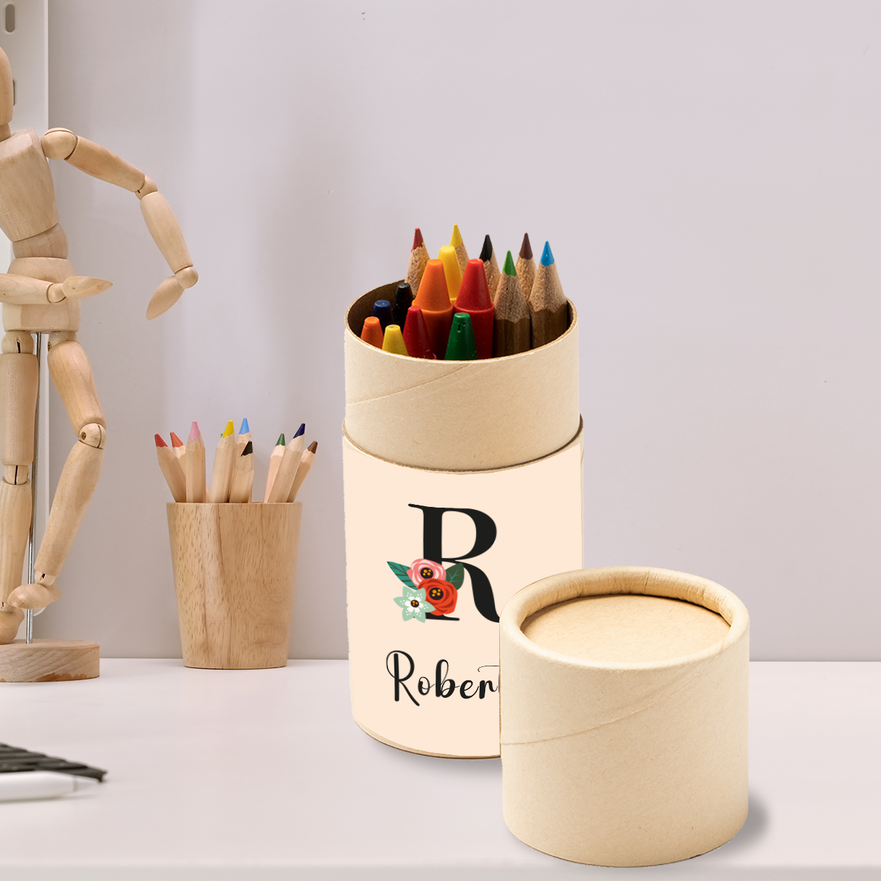 Iniziale Flower - Set 6 pezzi Da Disegno In Legno personalizzati con nomi e iniziali