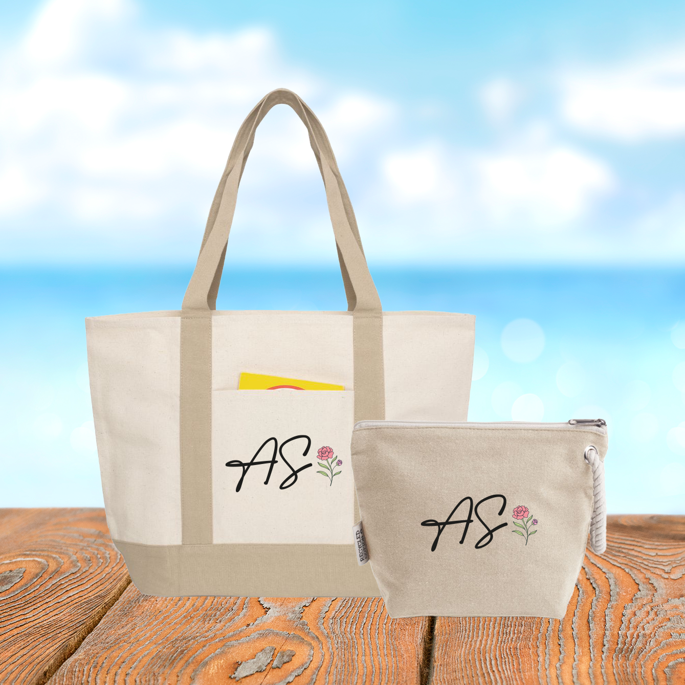 Iniziali rose - Borsa mare & Pochette - Combo - personalizzata con iniziali