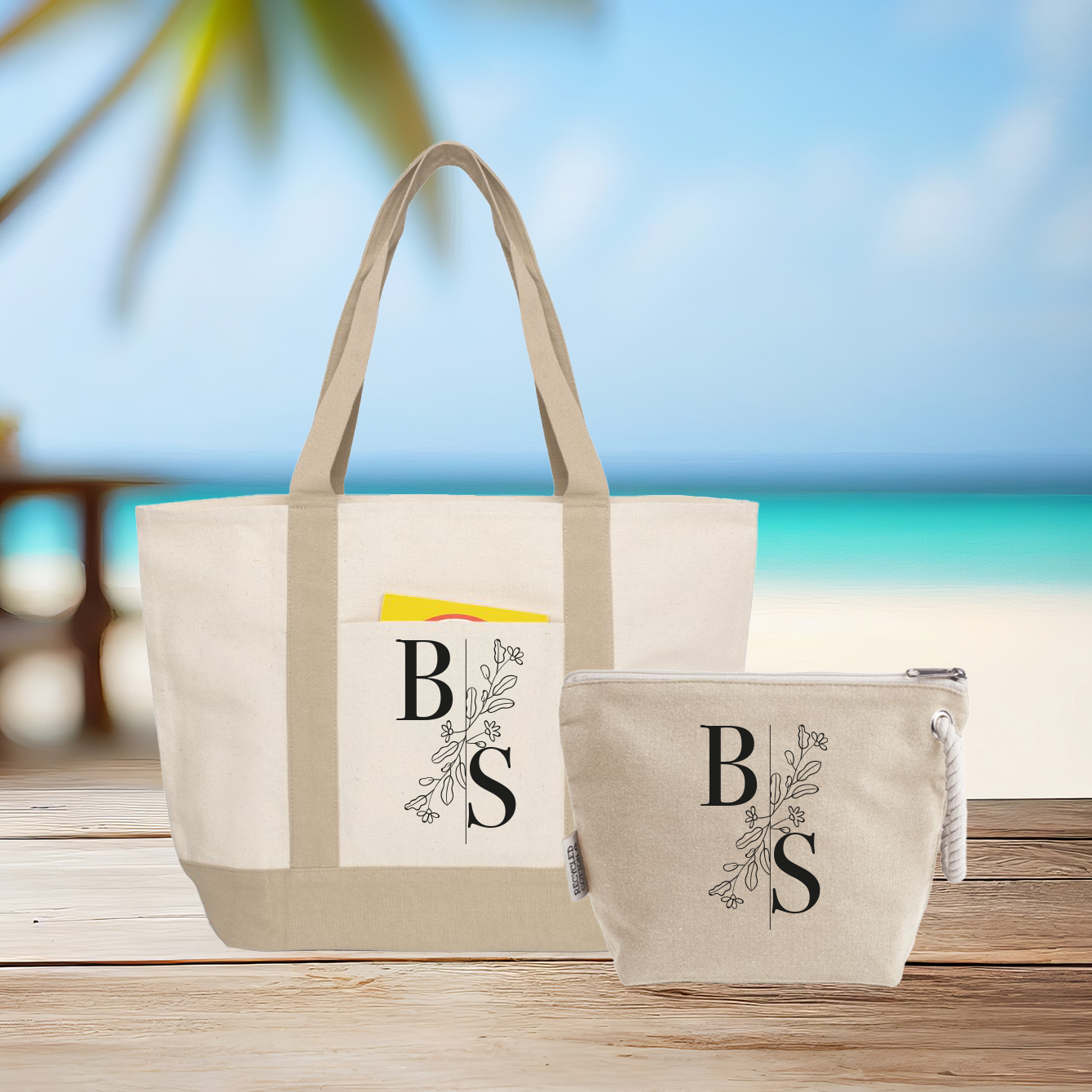 Iniziali flower - Borsa mare & Pochette - Combo - personalizzata con iniziali