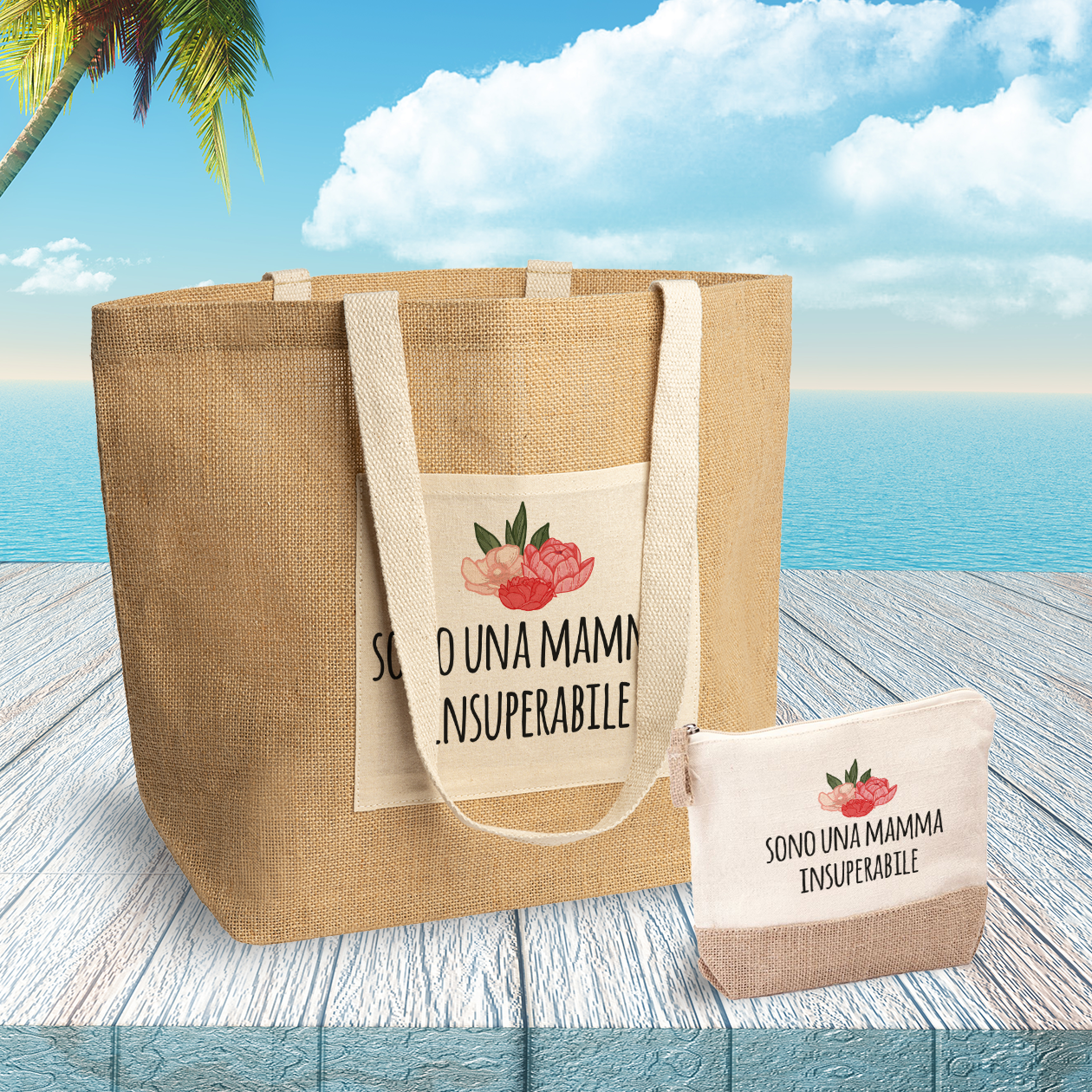 Sono una mamma insuperabile - Set Combo Borsa mare e Pochette in Juta laminata