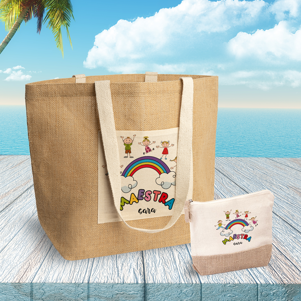 Maestra rainbow - Set Combo Borsa mare e Pochette in Juta laminata - personalizzata con nome