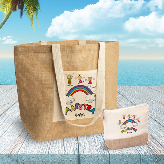 Maestra rainbow - Set Combo Borsa mare e Pochette in Juta laminata - personalizzata con nome