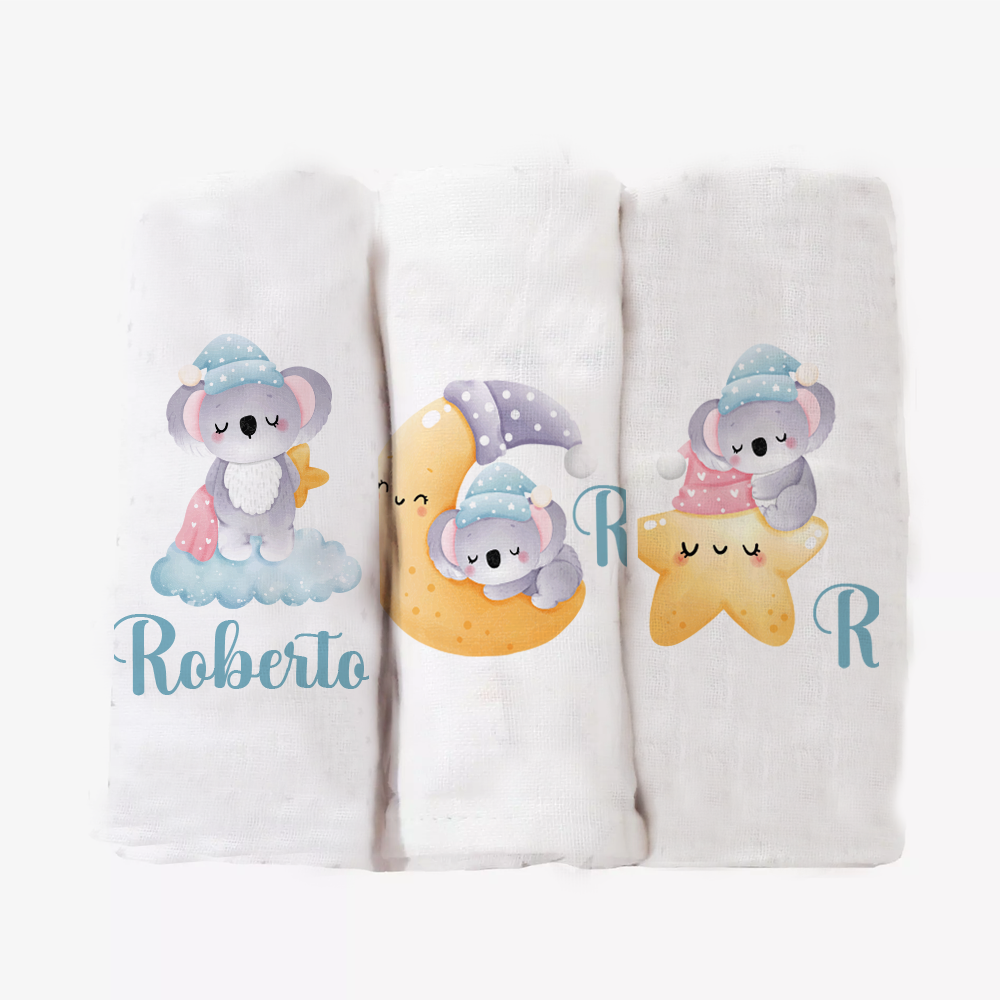Baby Koala - Set 3 pezzi mussole personalizzate con nome