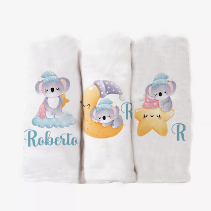 Baby Koala - Set 3 pezzi mussole personalizzate con nome