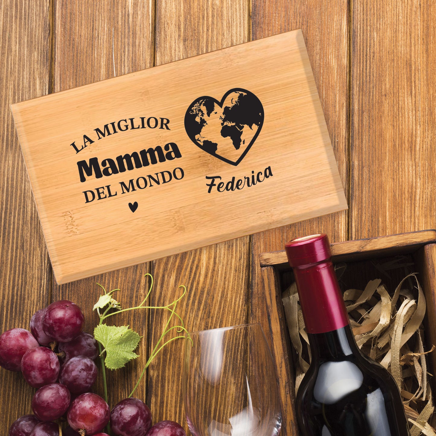 La miglior mamma del mondo - Set da vino in bamboo personalizzato con nome