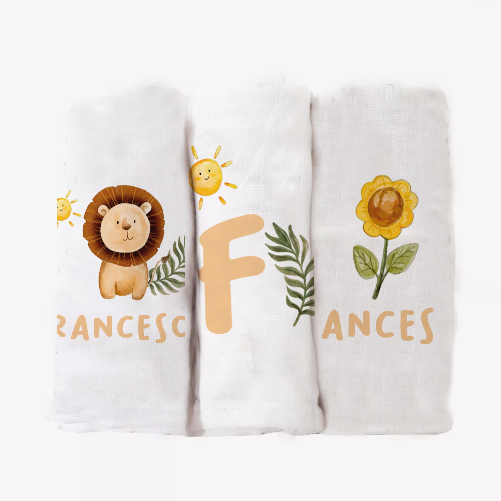 Baby Lyon - Set 3 pezzi mussole personalizzate con nome