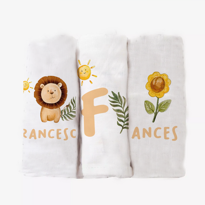Baby Lyon - Set 3 pezzi mussole personalizzate con nome